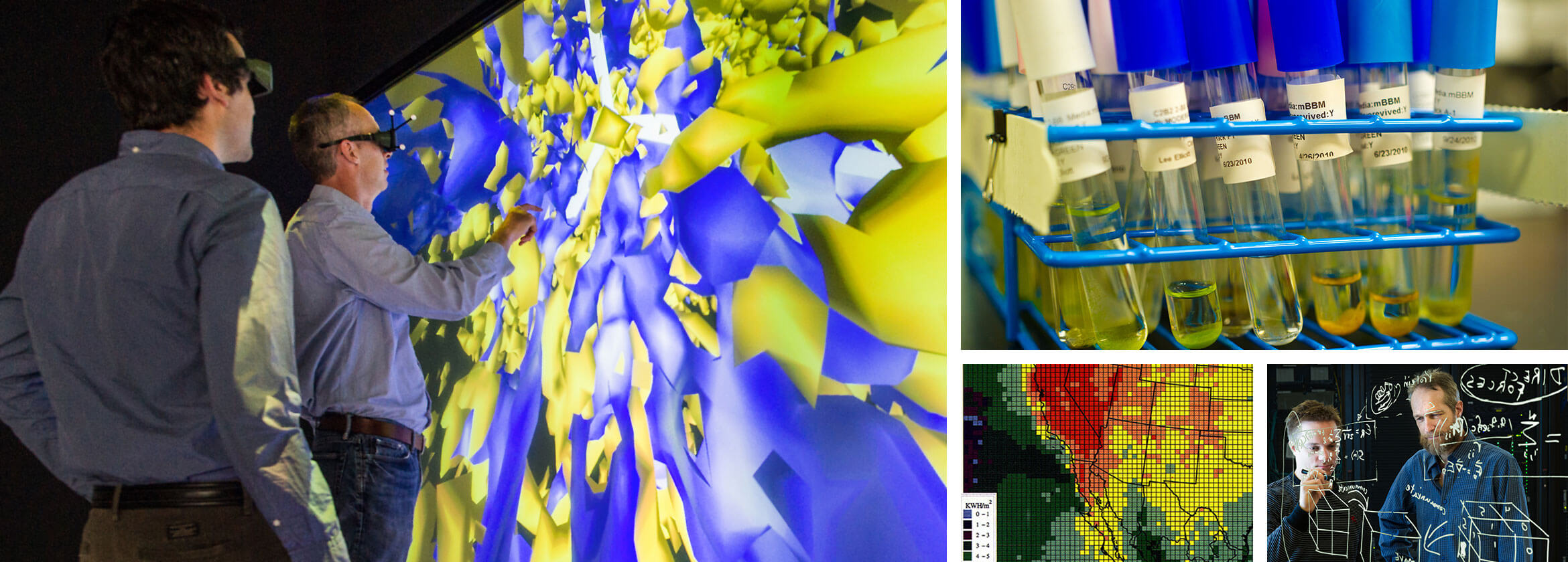 A multi-panel image featuring a digital resource map of solar generation potential, test tubes full of yellow liquid, and two scientists interacting with three-dimensional data in an immersive virtual data visualization environment